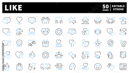Social media engagement editable line icons set: linear style with likes and hearts