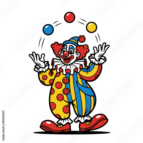 A cheerful clown performing a juggling act with colorful balls.