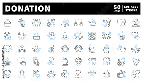 Donation and charity editable line icons set. fundraising and giving symbols