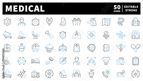 Medical editable line icons set. health and wellness symbols in outline style