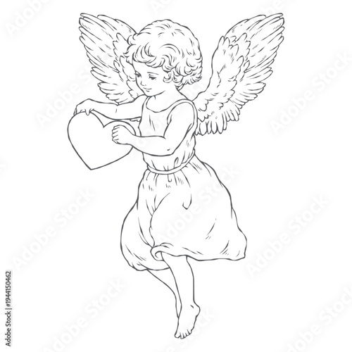 Vintage hand drawn cupid holding heart illustration, detailed engraving sketch of angel for Valentine, love, and romantic wedding design isolated