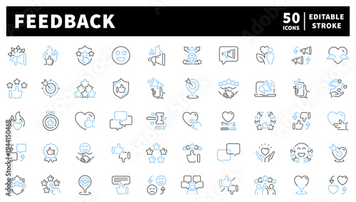 Review and feedback editable line icons set. rating and customer response symbols