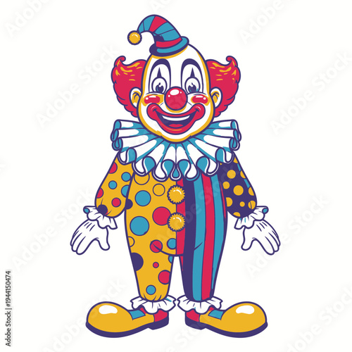 A cheerful clown with a colorful costume and makeup.