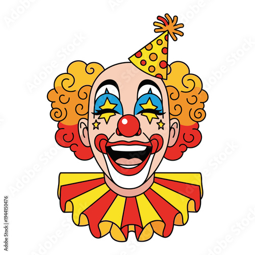 A cheerful clown with a party hat and bright makeup.
