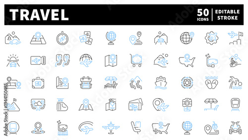 Travel and adventure editable line icons set. journey and exploration symbols