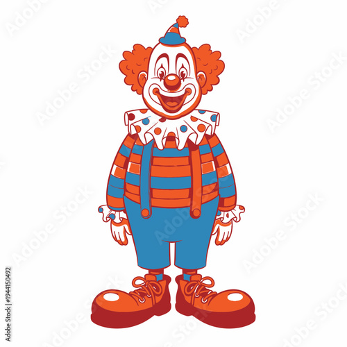 A cheerful clown with a vibrant costume and makeup.