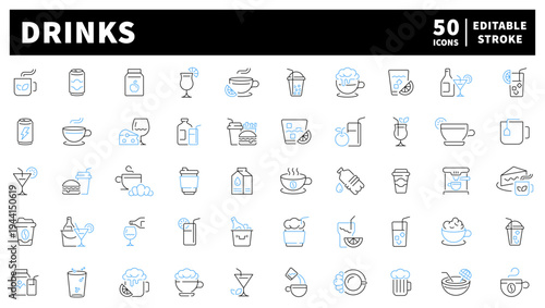Drinks and beverage editable line icons set. bar and cocktail symbols