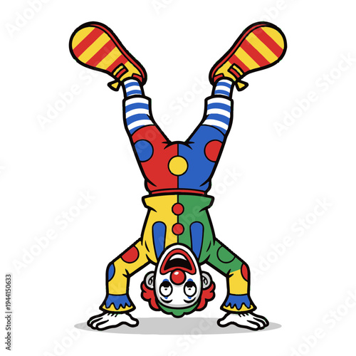 Clown doing a handstand with a joyful expression wearing a colorful polka dot and striped costume.