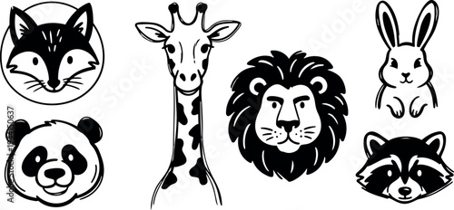 Black and white vector animal head icons including fox giraffe lion panda rabbit and raccoon simple line art style illustrations