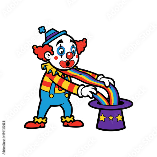 Cartoon clown pulling a rainbow scarf from a magic hat.