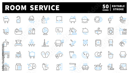 Room service editable line icons set: hospitality and hotel symbols in outline style