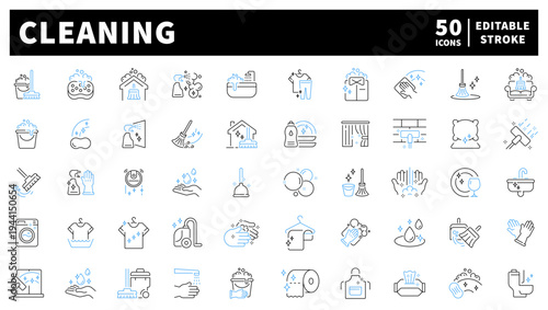 Cleaning and hygiene editable line icons set with simple outline designs