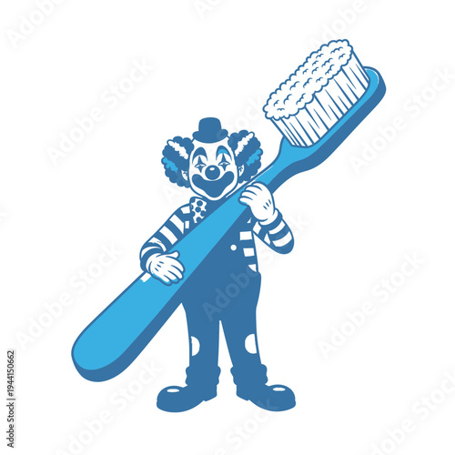 Clown holding a giant toothbrush promoting dental hygiene in a fun way.