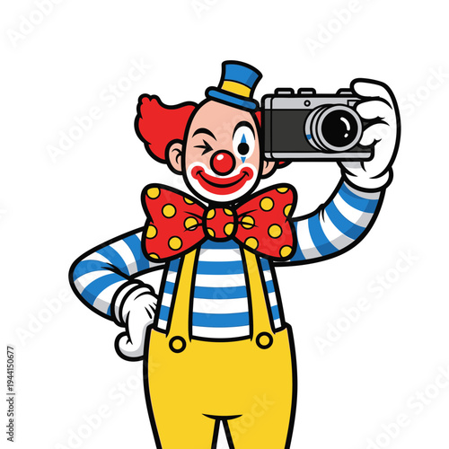 Clown photographer winking and holding a camera ready to capture fun moments.