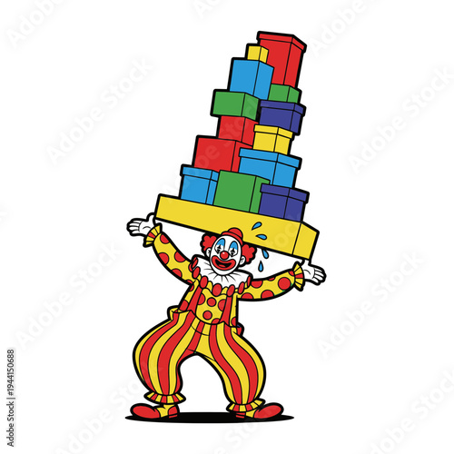 Clown struggling to balance stack of colorful gift boxes.
