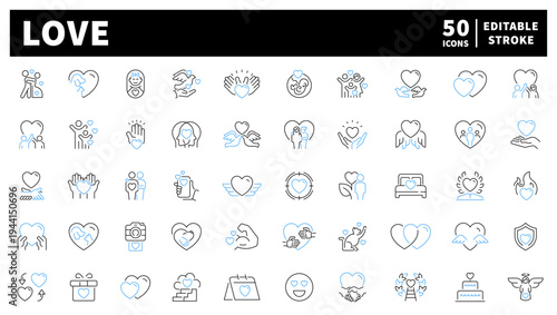 Love and relationships editable line icons set: heart, romance, affection symbols