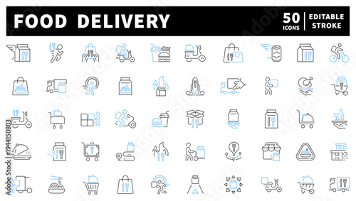 Food delivery editable line icons set: transportation and shopping symbols