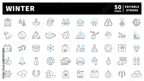 Winter holiday editable line icons set: christmas and seasonal decoration symbols
