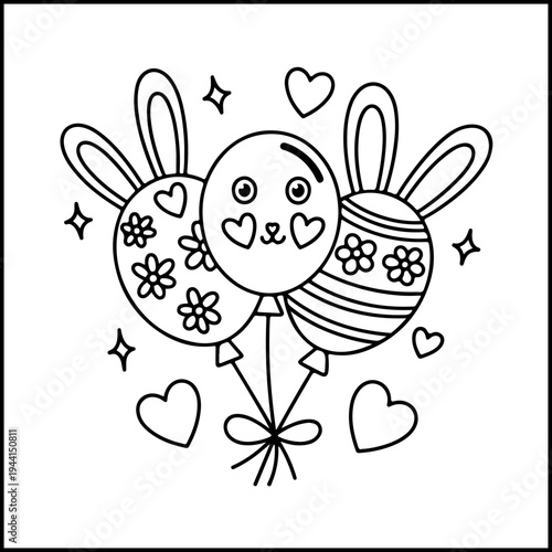 Cute Easter bunny with hearts and flowers coloring page vector illustration flat design