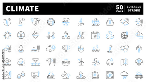 Climate editable line icons set: weather, forecast, and environmental symbols