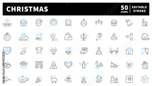 Christmas editable line icons set: festive, holiday, winter symbols in outline style