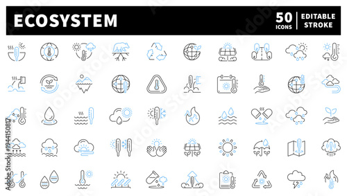 Ecosystem editable line icons set: nature, environment symbols