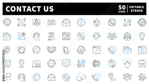 Contact us editable line icons set: communication and customer support symbols