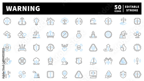 Warning and safety editable line icons set. hazard and alert symbols