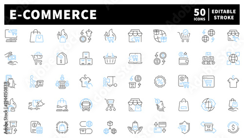 E-commerce editable line icons set: shopping and digital marketing symbols