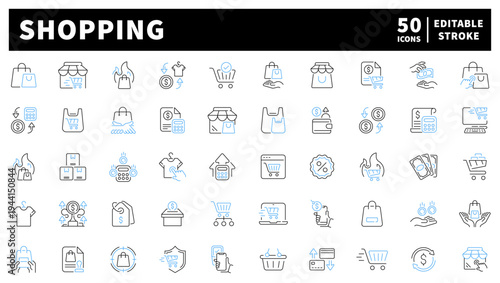 Shopping editable line icons set: retail, commerce, and buying symbols
