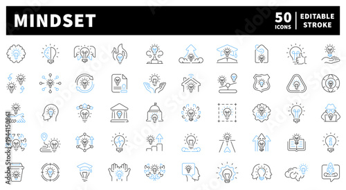 Mindset editable line icons set: ideas and innovation symbols in outline style