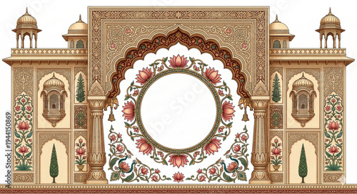 An ornate detailed archway with floral designs and symmetrical towers ideal for invitations on transparent background high-quality