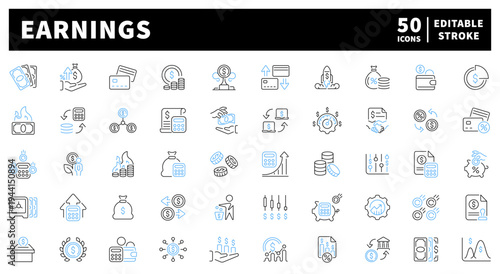 Finance editable line icons set: money and business outline symbols