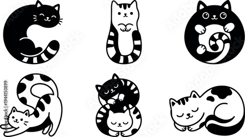 Cute black and white cats in various sleeping and stretching poses vector art collection with minimal line style and playful mood