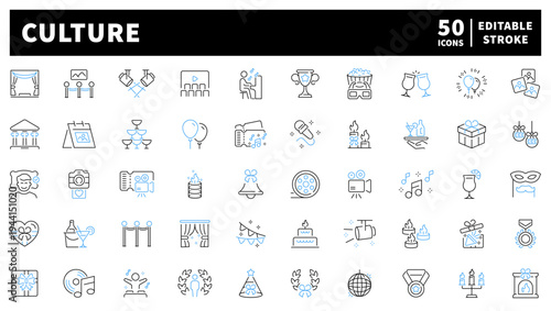 Culture editable line icons set: linear style with cultural, festival, and traditional symbols