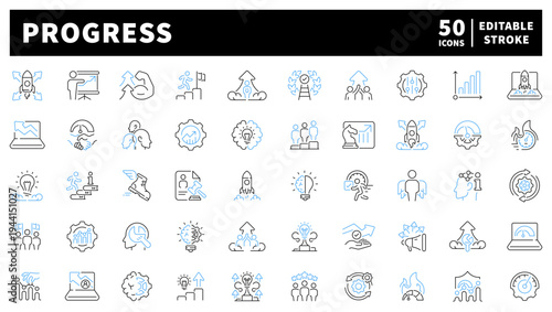 Progress editable line icons set: linear, development and achievement graphics