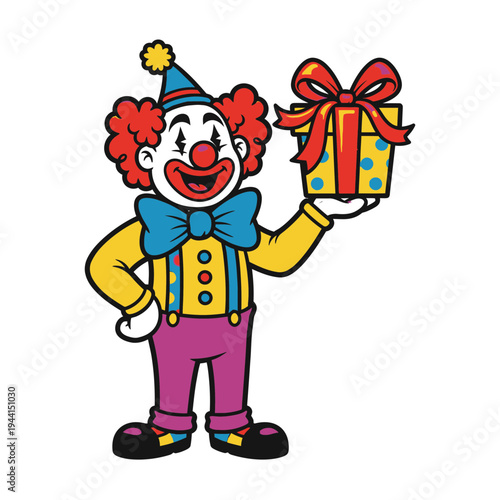 Happy Clown Holding a Gift Box.