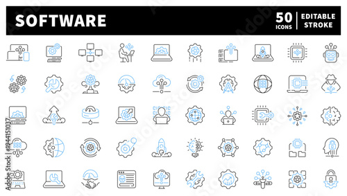 Software editable line icons set: linear style for tech and digital symbols