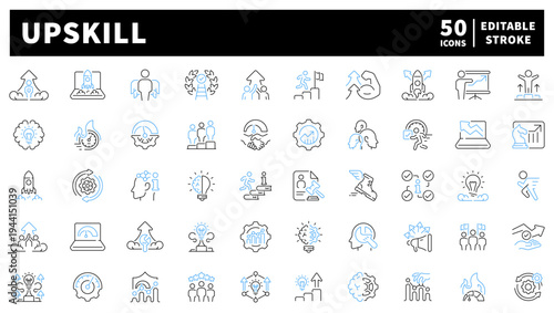 Career and skill development editable line icons set. professional growth symbols