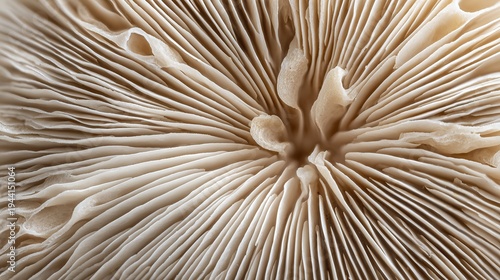 Extreme macro texture of mushroom gills forming natural radial pattern background