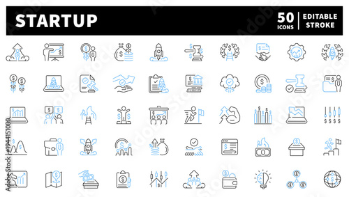 Startup editable line icons set. business and tech innovation symbols