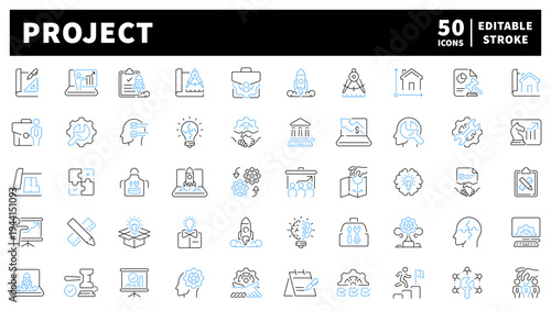 Project management editable line icons set in outline style. tasks and productivity tools