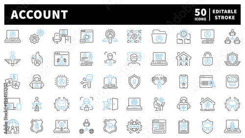 Account editable line icons set. user and security profile symbols