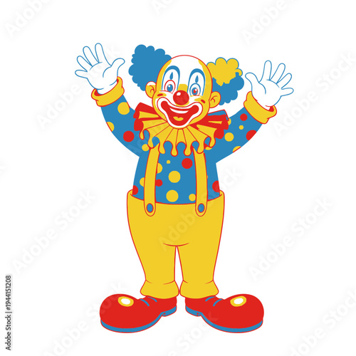 Happy Clown with Blue Hair and Polka Dot Outfit Waving Hands.