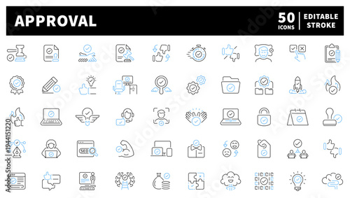 Approval editable line icons set: consent, validation symbols