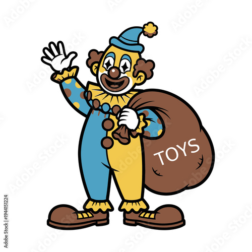 Happy Clown with a Bag of Toys Waving Hello.