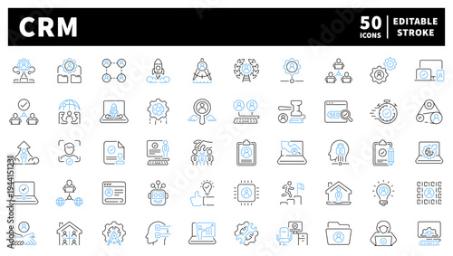 Crm editable line icons set: customer relationship and management symbols