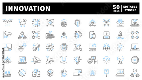 Innovation editable line icons set: linear and tech design concepts