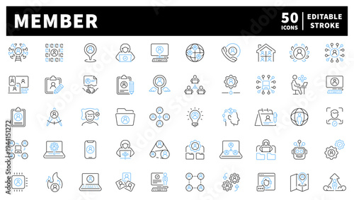 Membership editable line icons set: networking and community symbols