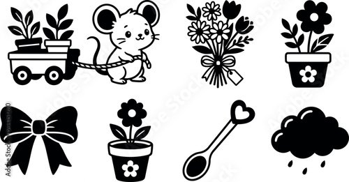 Cute mouse pulling cart with potted plants black and white vector icons collection including bouquet flower bow spoon and rainy cloud symbols